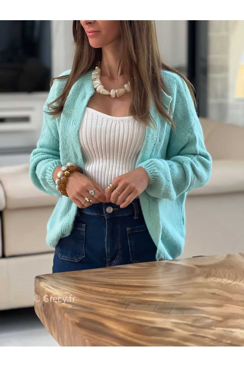 Gilet boutonné alpaga mohair vert d'eau pastel turquoise clair basique tendance grecy look