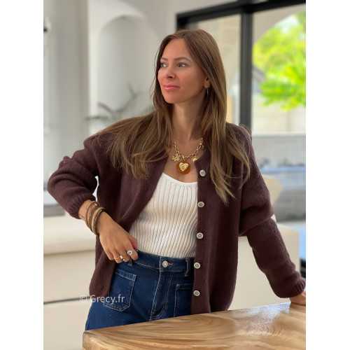 Gilet boutonné alpaga mohair marron basique tendance grecy look automne hiver 2025 2026