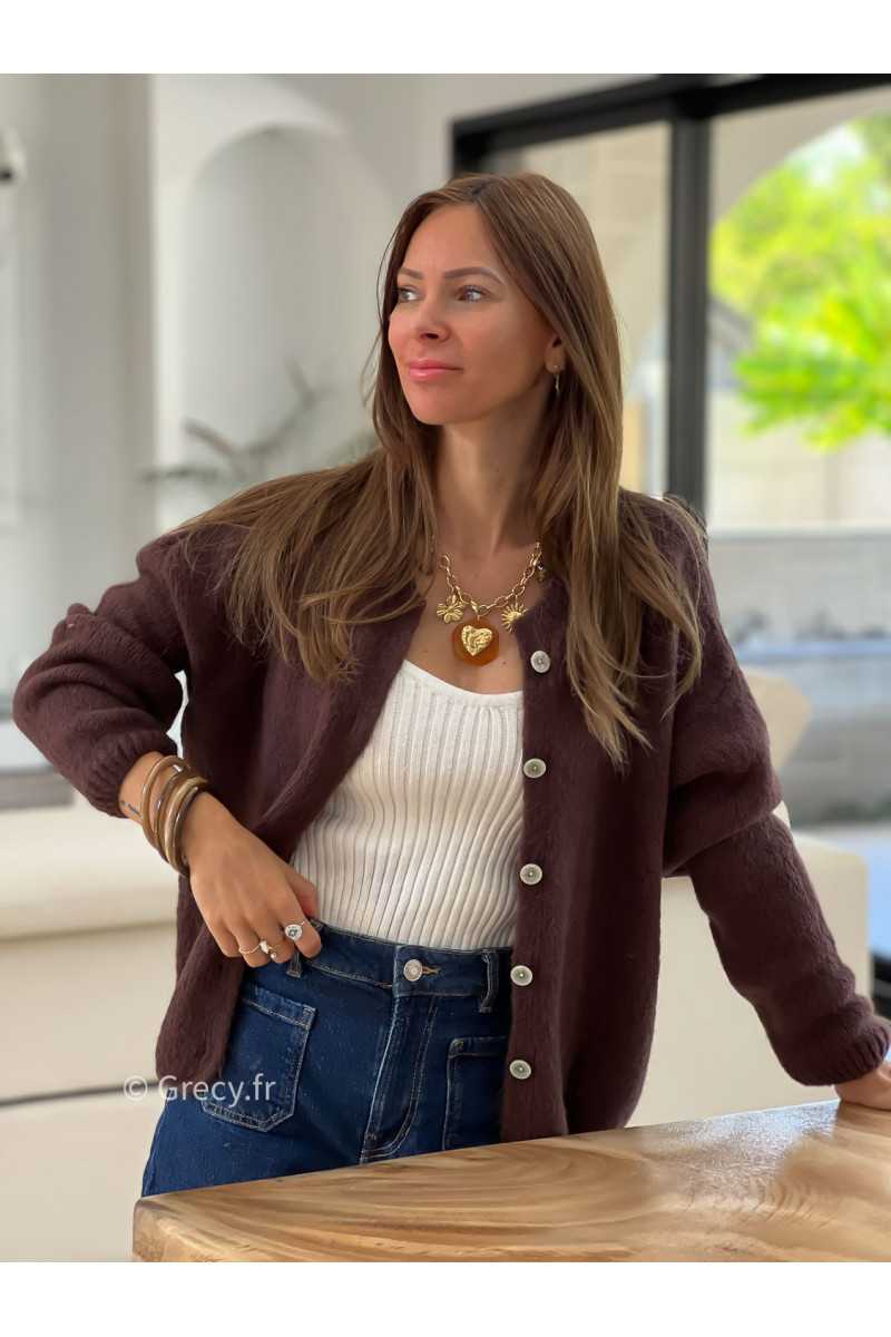 Gilet boutonné alpaga mohair marron basique tendance grecy look automne hiver 2025 2026