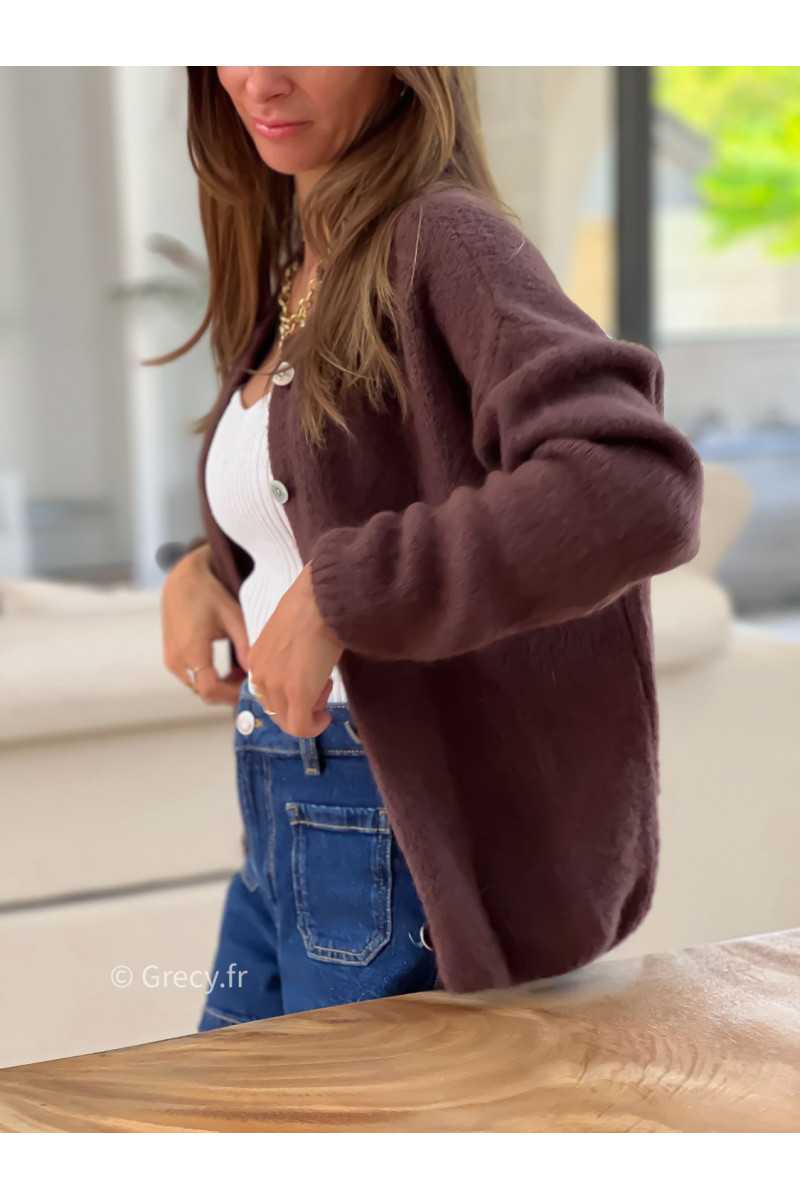 Gilet boutonné alpaga mohair marron basique tendance grecy look automne hiver 2025 2026