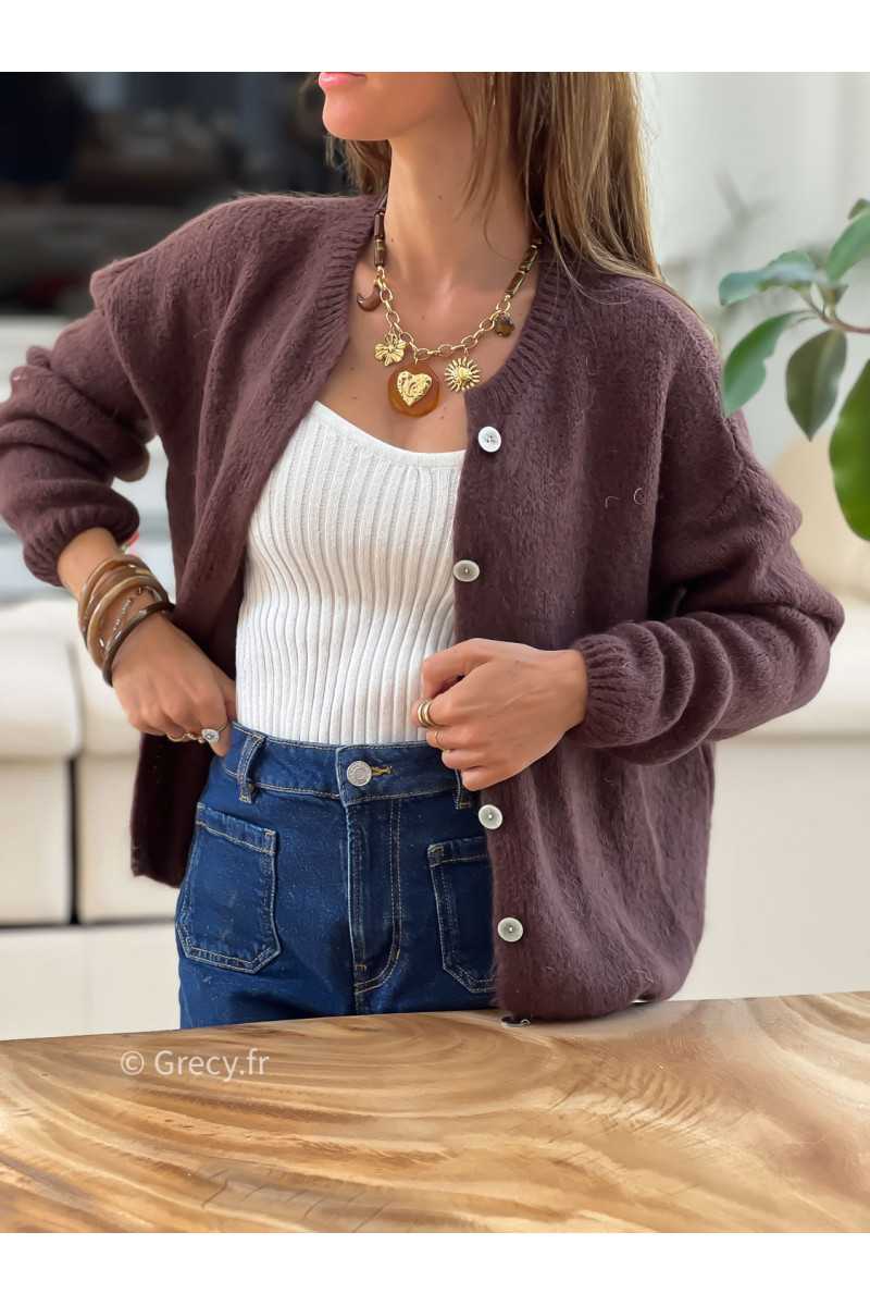 Gilet boutonné alpaga mohair marron basique tendance grecy look automne hiver 2025 2026