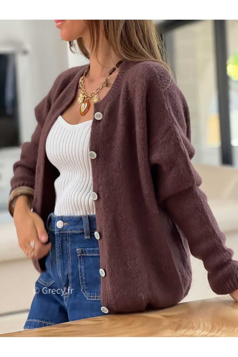 Gilet boutonné alpaga mohair marron basique tendance grecy look automne hiver 2025 2026