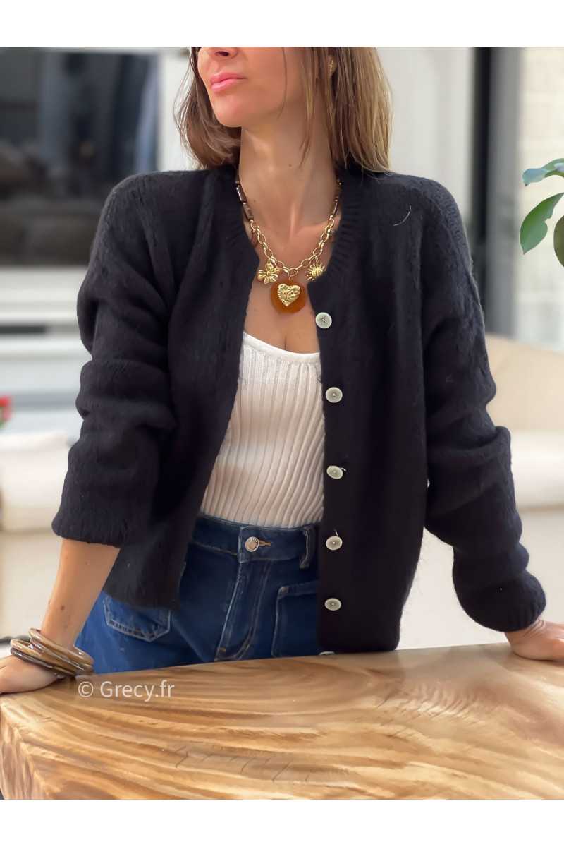 Gilet boutonné alpaga mohair noir basique tendance grecy look automne hiver 2025 2026