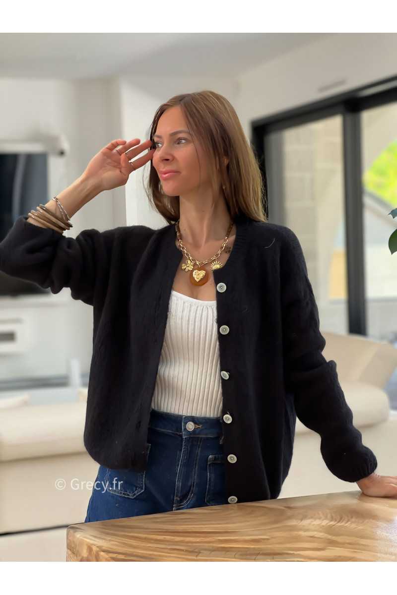 Gilet boutonné alpaga mohair noir basique tendance grecy look automne hiver 2025 2026