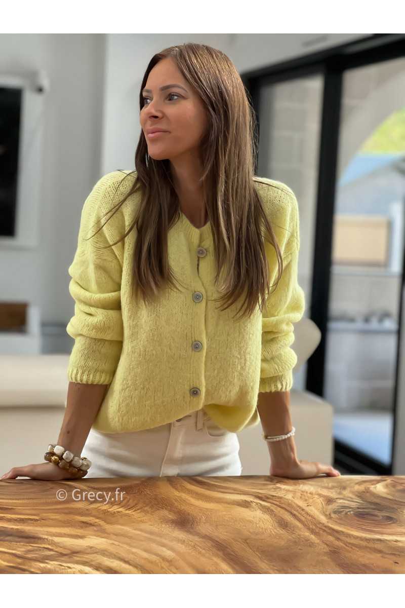 Gilet boutonné alpaga mohair jaune basique tendance grecy look automne hiver 2025 2026