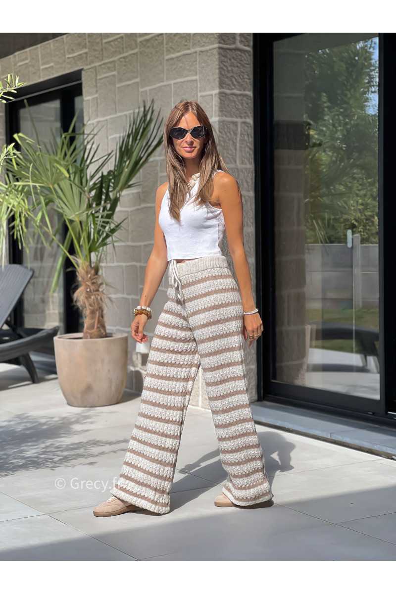 pantalon cosy maille rayures beige basique tendance grecy look automne hiver 2025 2026