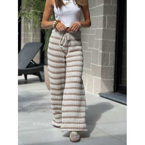 Pantalon cosy maille laine rayé beige