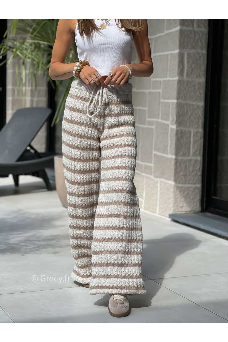 pantalon cosy maille rayures beige basique tendance grecy look automne hiver 2025 2026
