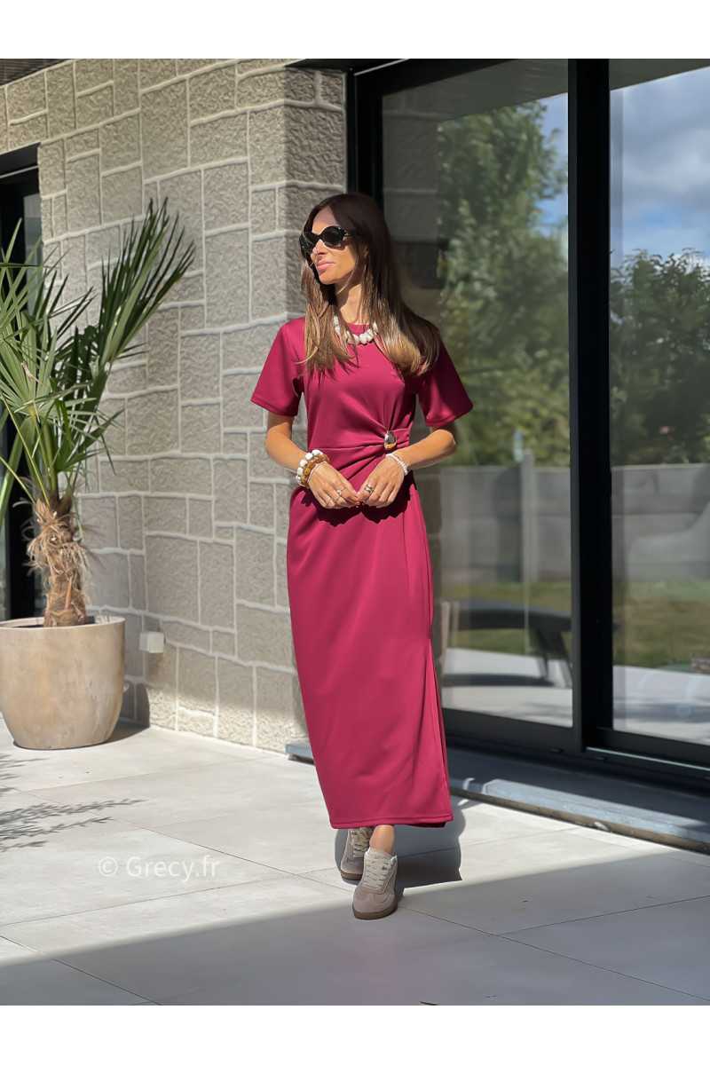 robe longue bordeaux manches courtes détail doré fente basique tendance grecy look automne hiver 2025 2026