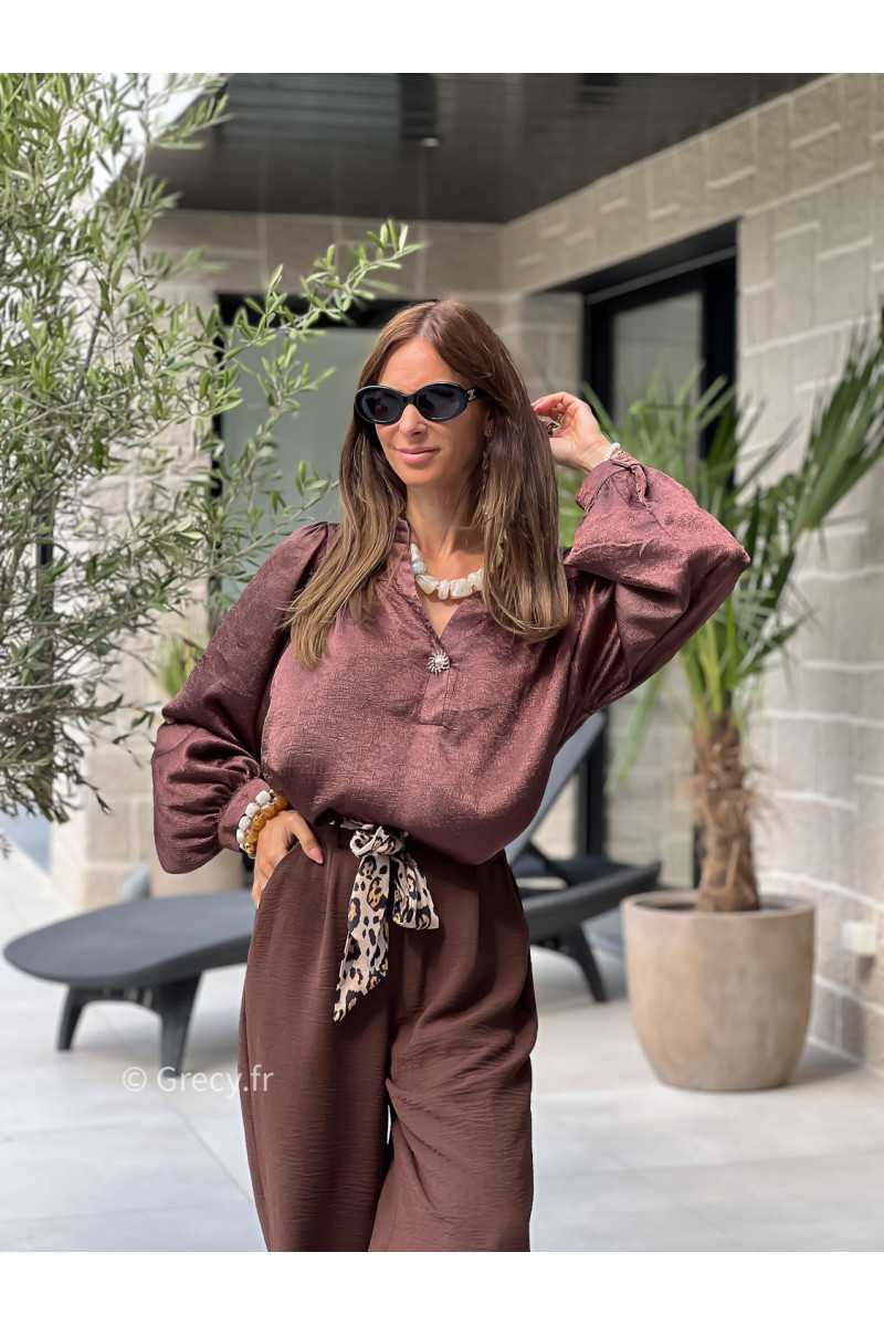blouse marron fluide oversize bouton doré soleil manches longues basique tendance grecy look automne hiver 2025 2026