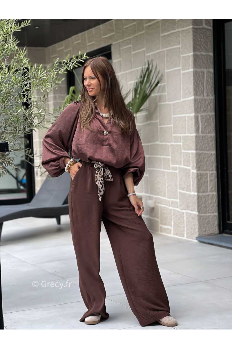 blouse marron fluide oversize bouton doré soleil manches longues basique tendance grecy look automne hiver 2025 2026