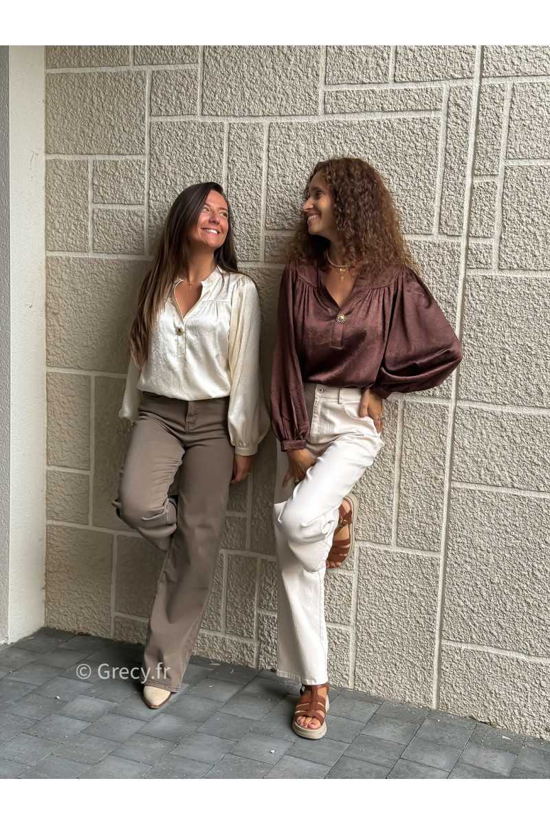 blouse marron fluide oversize bouton doré soleil manches longues basique tendance grecy look automne hiver 2025 2026