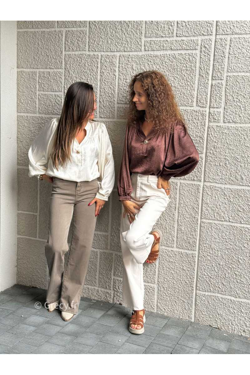 blouse marron fluide oversize bouton doré soleil manches longues basique tendance grecy look automne hiver 2025 2026