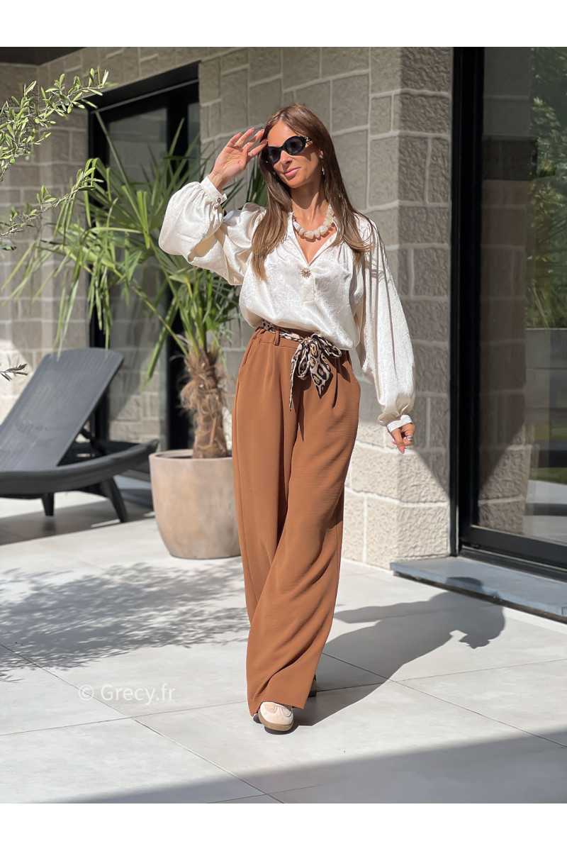pantalon camel fluide made in France ceinture leopard basique tendance grecy look automne hiver 2025 2026