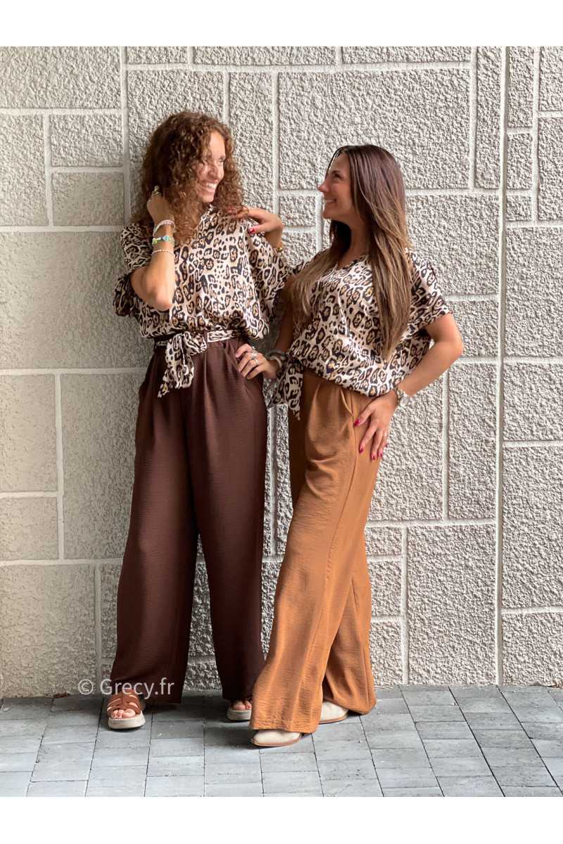 pantalon camel fluide made in France ceinture leopard basique tendance grecy look automne hiver 2025 2026