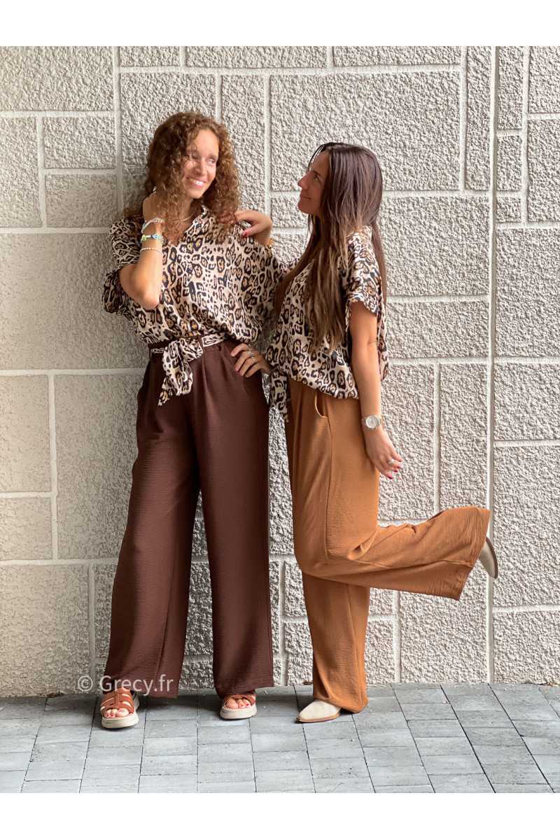 pantalon camel fluide made in France ceinture leopard basique tendance grecy look automne hiver 2025 2026