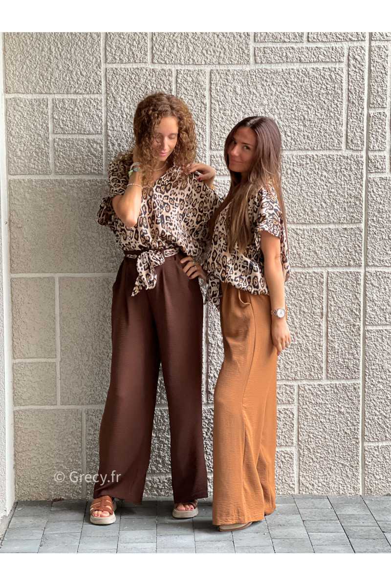pantalon camel fluide made in France ceinture leopard basique tendance grecy look automne hiver 2025 2026
