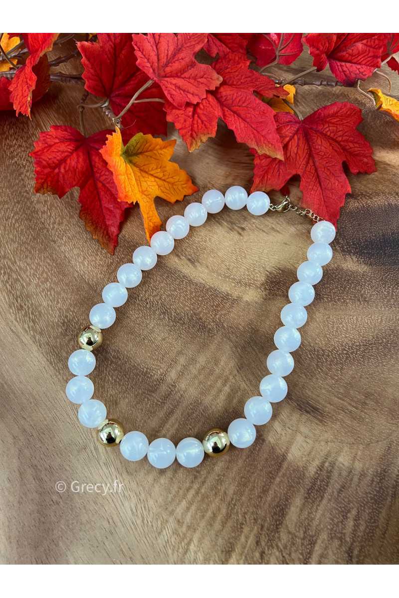 collier grosses perles rondes blanc et doré bijoux grecy