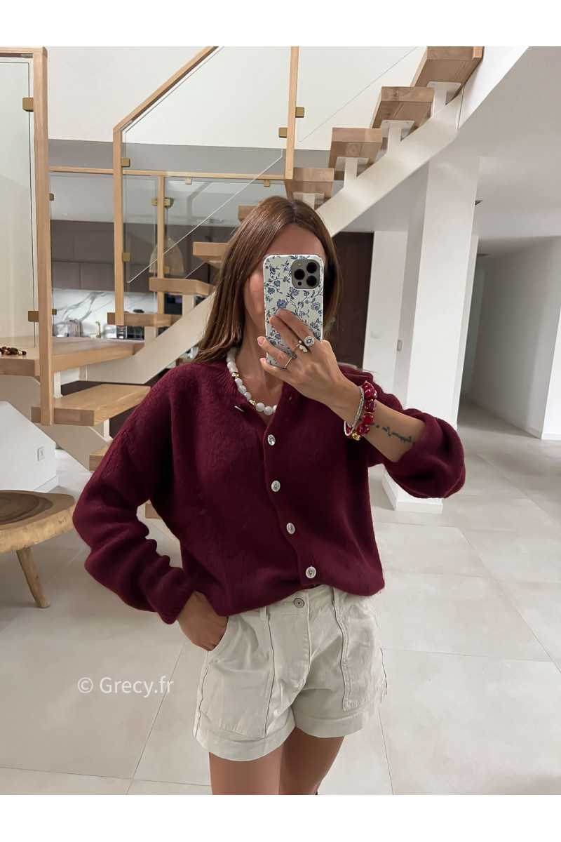 Gilet boutonné alpaga mohair bordeaux basique tendance grecy look automne hiver 2025 2026