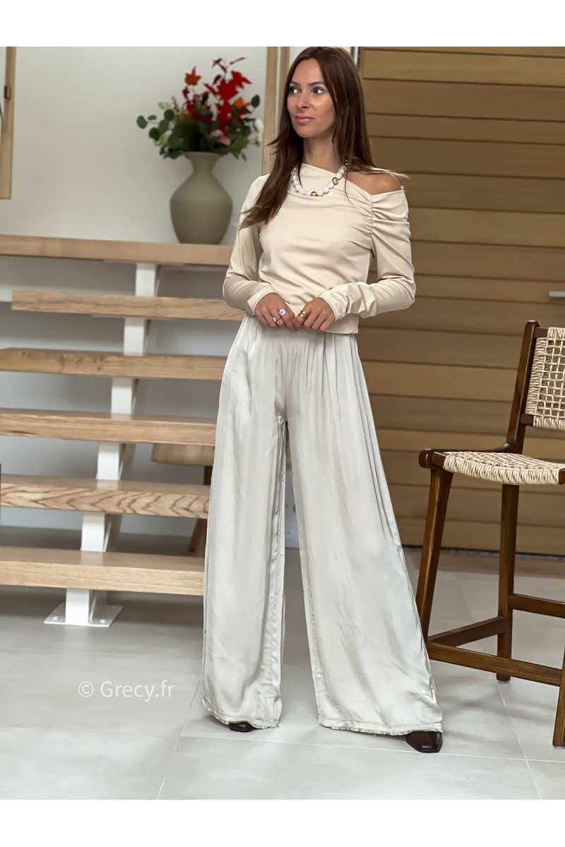 pantalon fluide soie beige basique tendance grecy look automne hiver 2025 2026