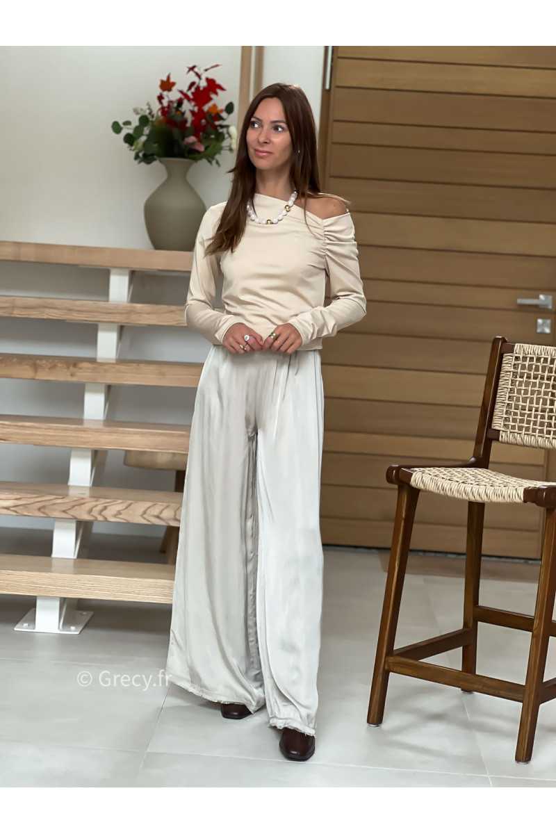 pantalon fluide soie beige basique tendance grecy look automne hiver 2025 2026
