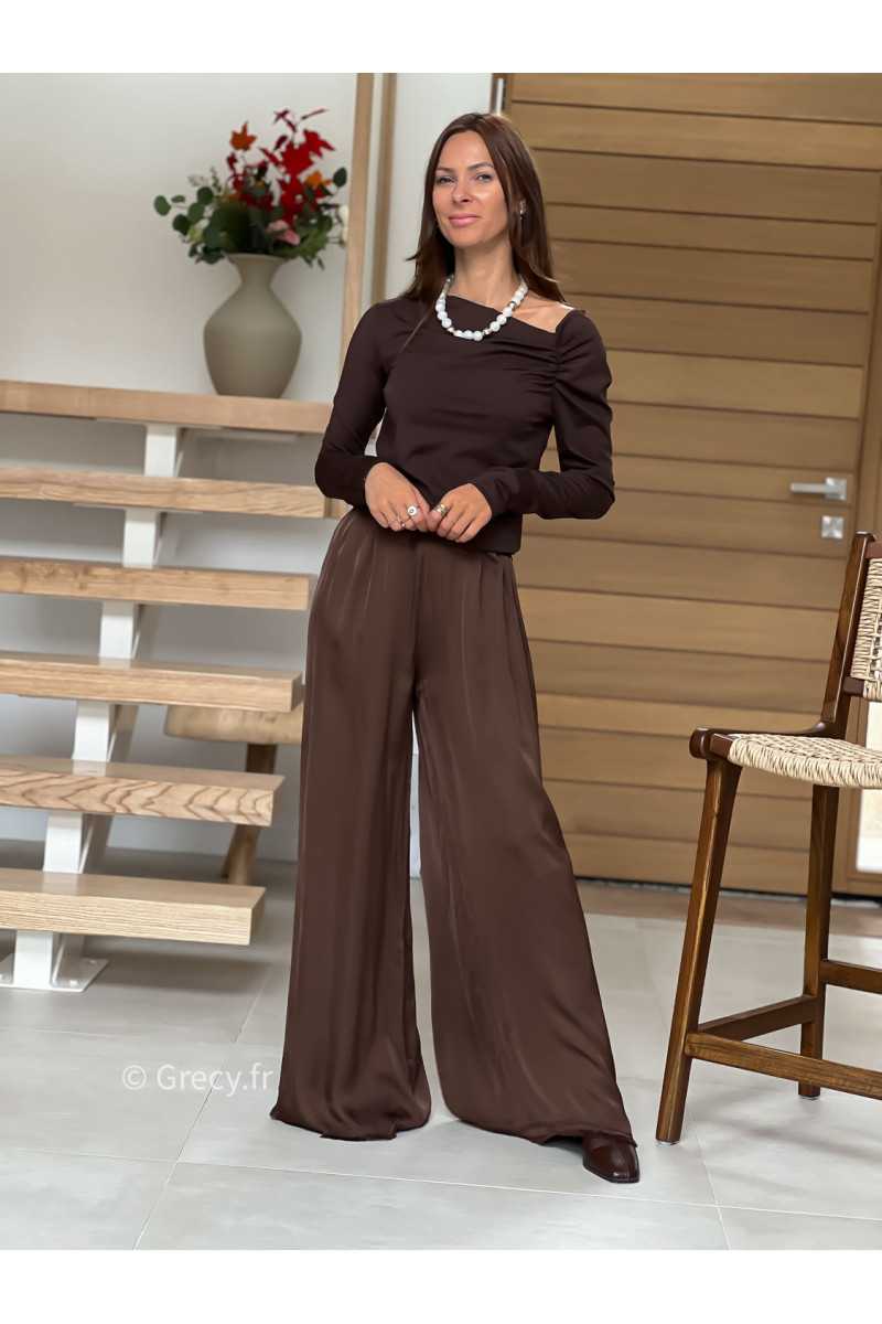 pantalon fluide soie marron basique tendance grecy look automne hiver 2025 2026