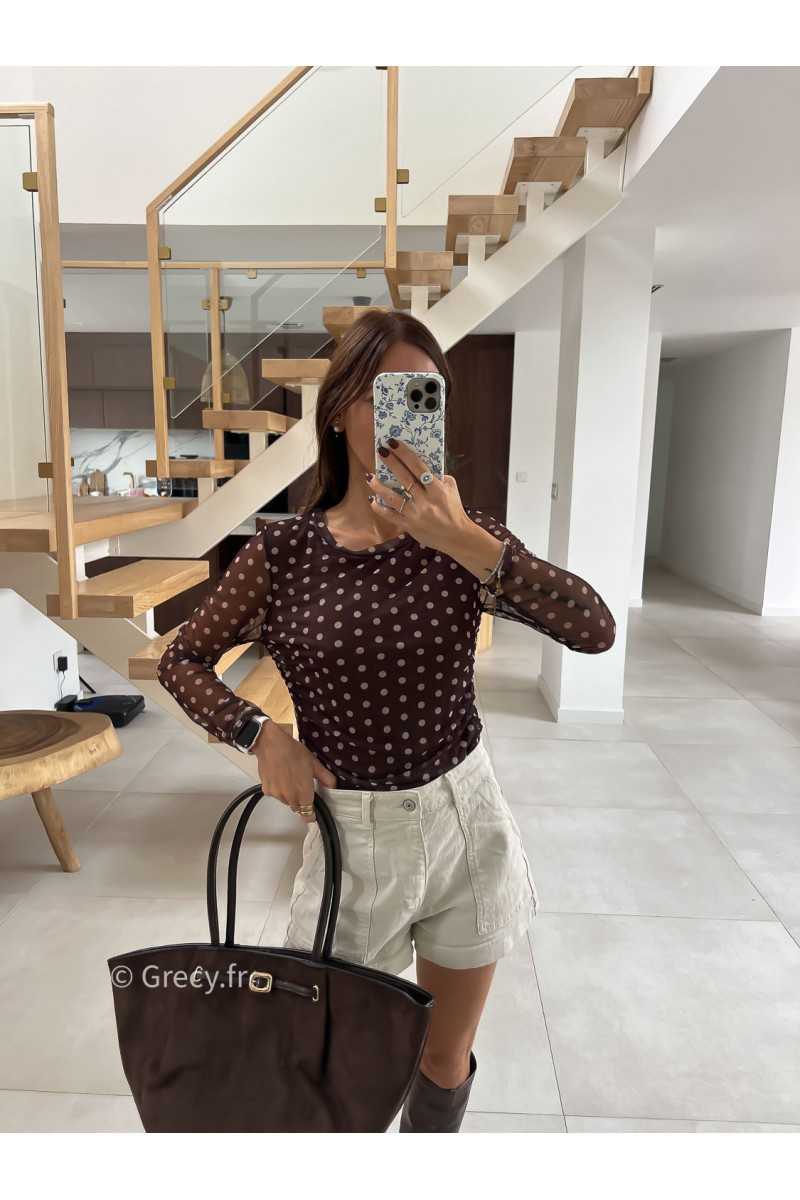 Top marron polka dots pois mode tendance automne grecy