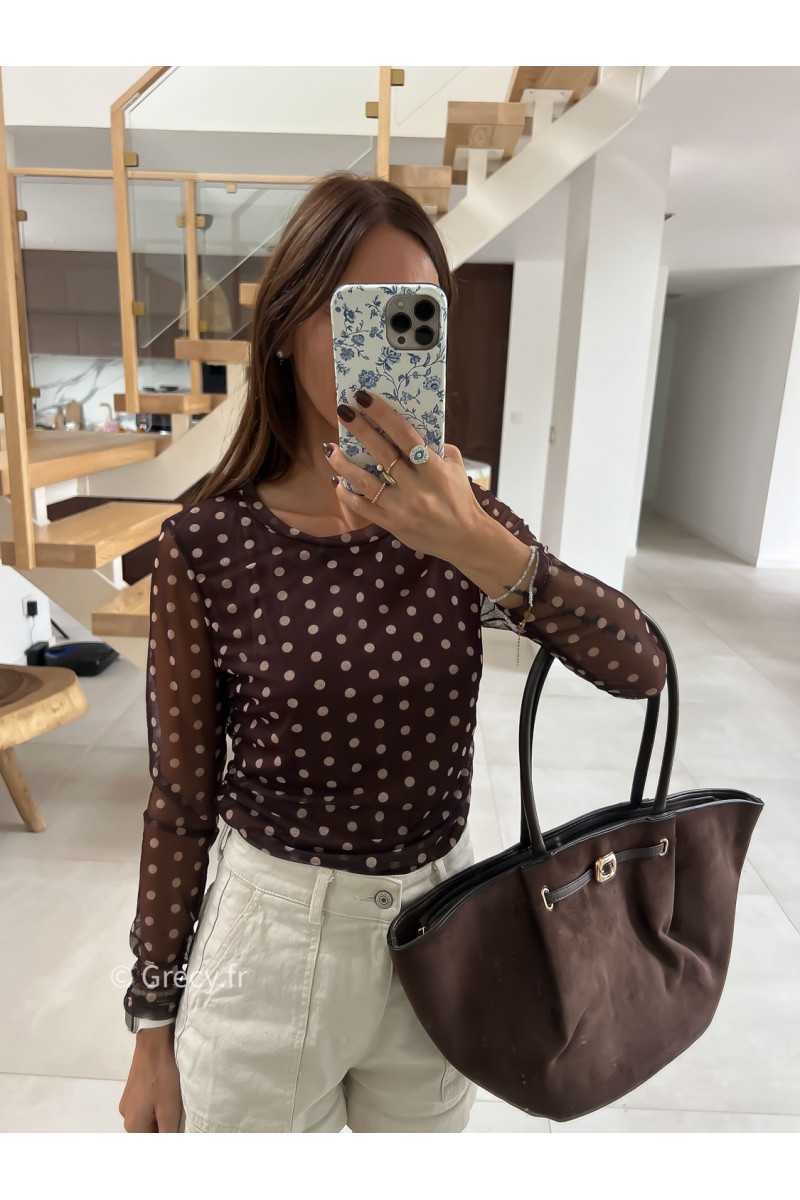 Top marron polka dots pois mode tendance automne grecy