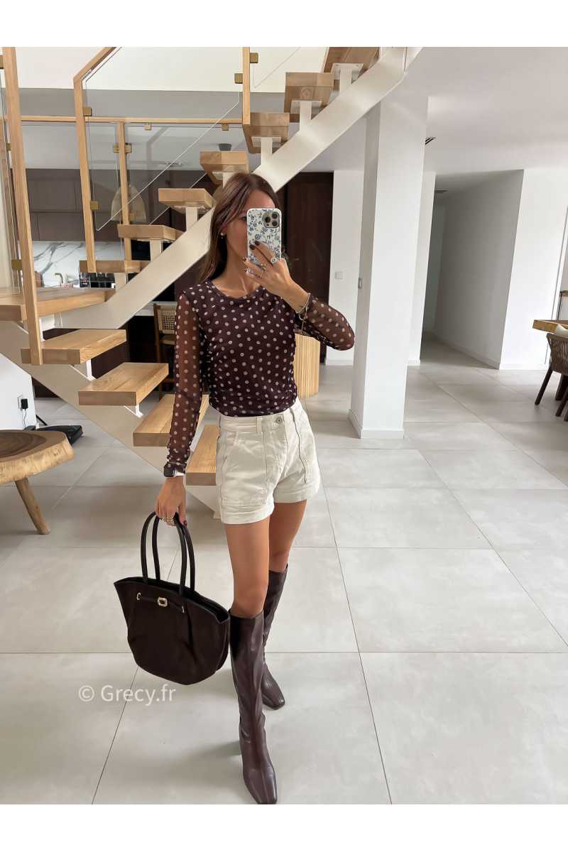 Top marron polka dots pois mode tendance automne grecy