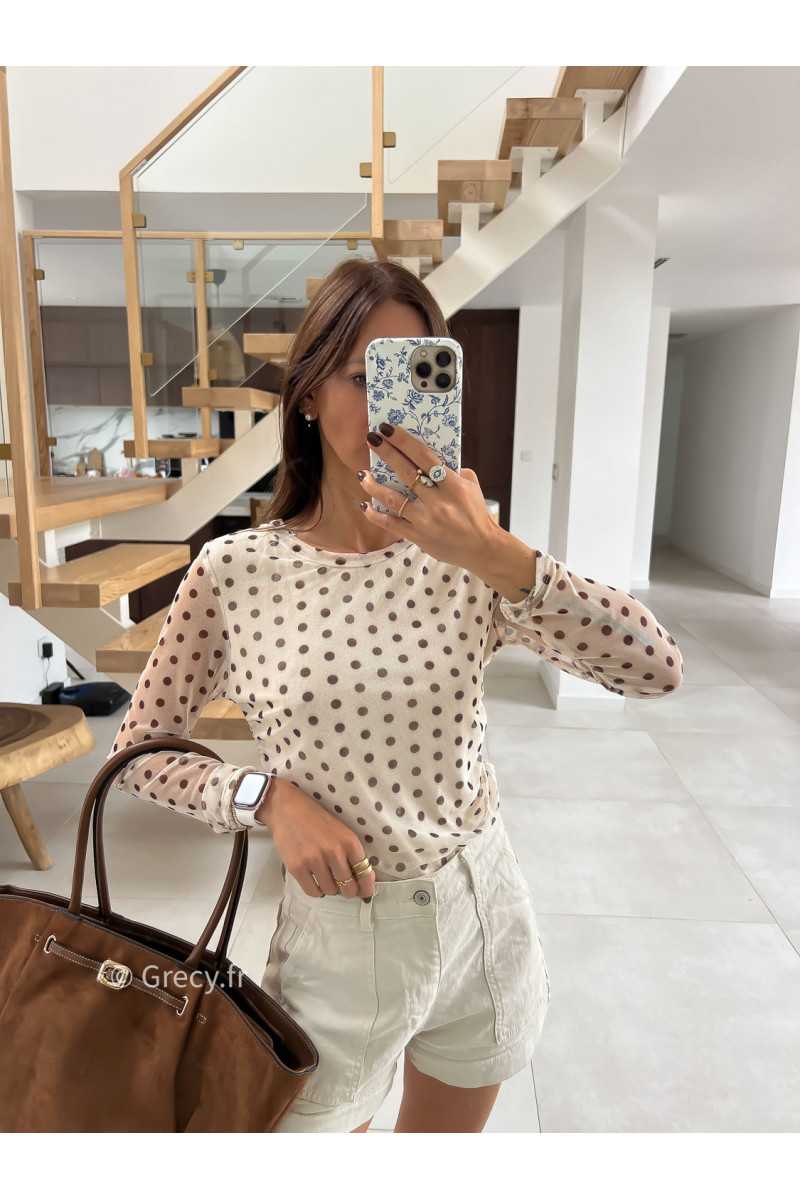 Top beige polka dots pois mode tendance automne grecy