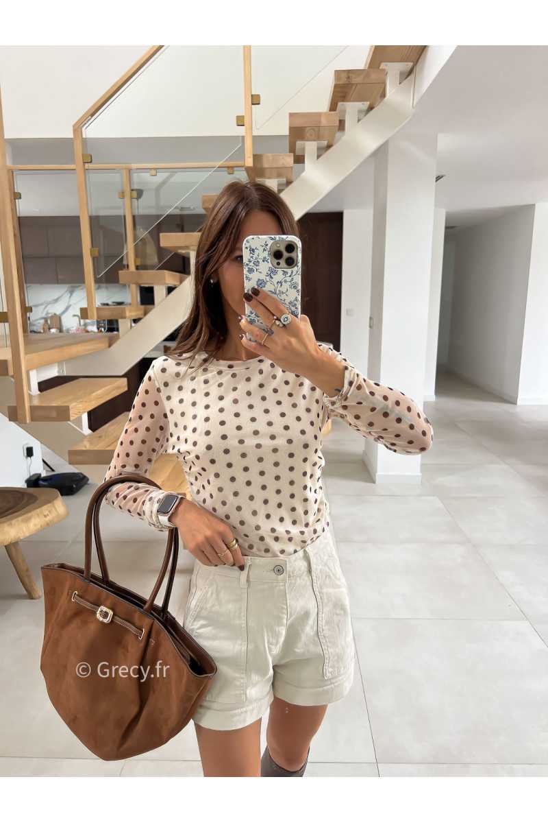 Top beige polka dots pois mode tendance automne grecy