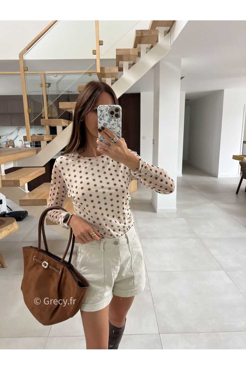 Top beige polka dots pois mode tendance automne grecy
