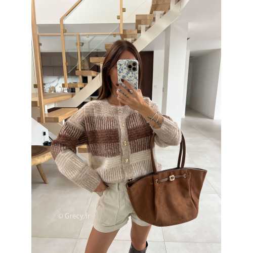 Gilet cardigan beige et marron laine
