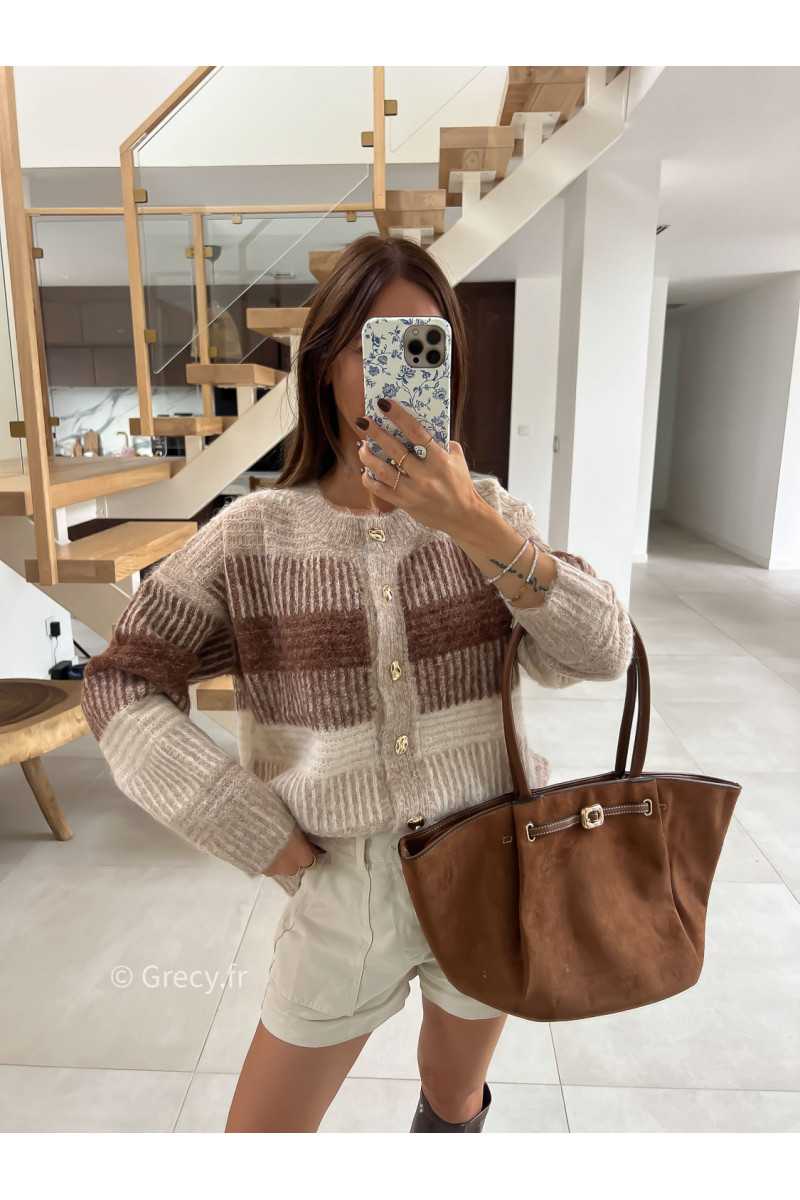 Gilet cardigan beige et marron laine rayures mode tendance automne grecy