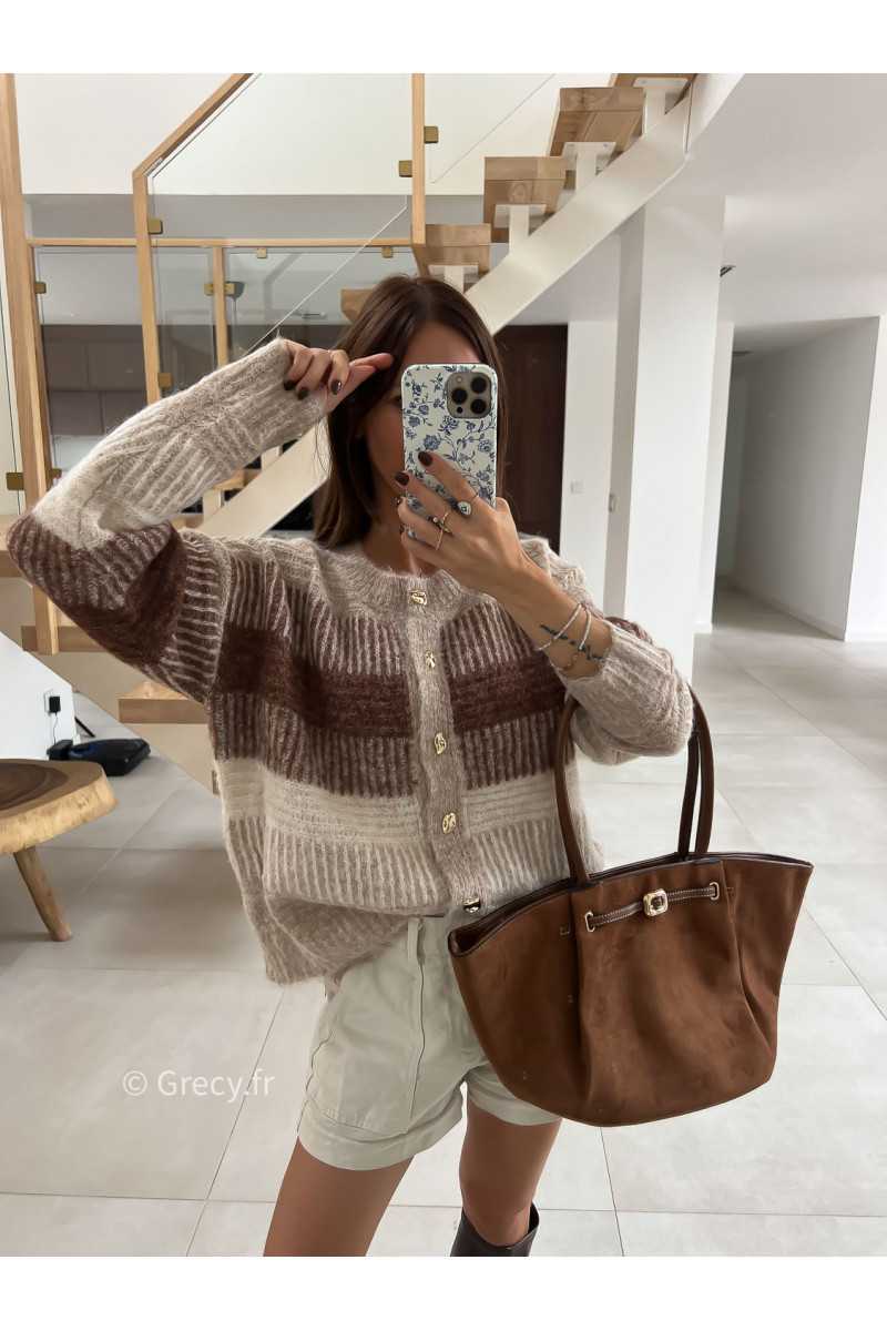 Gilet cardigan beige et marron laine rayures mode tendance automne grecy