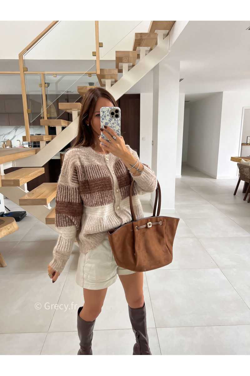 Gilet cardigan beige et marron laine rayures mode tendance automne grecy
