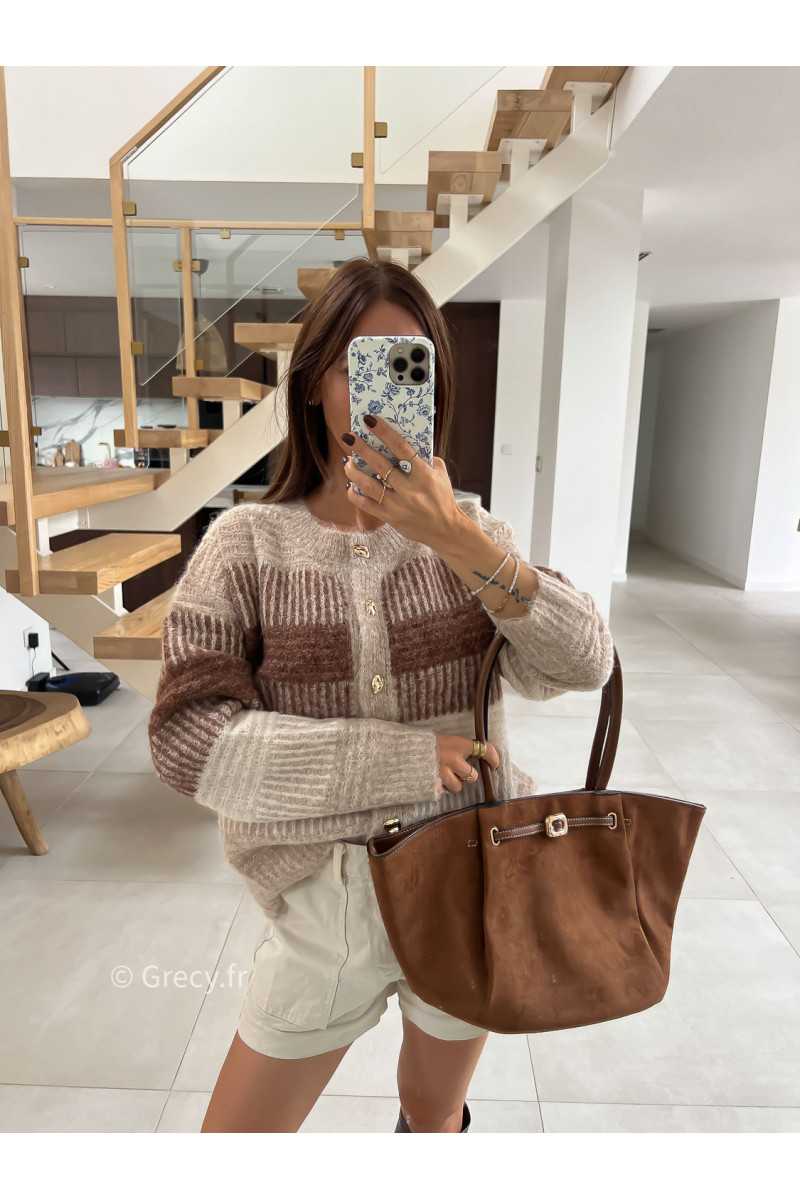 Gilet cardigan beige et marron laine rayures mode tendance automne grecy