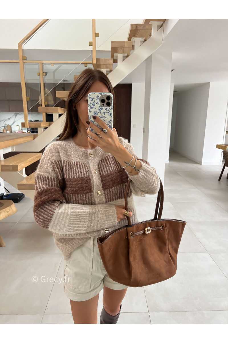 Gilet cardigan beige et marron laine rayures mode tendance automne grecy