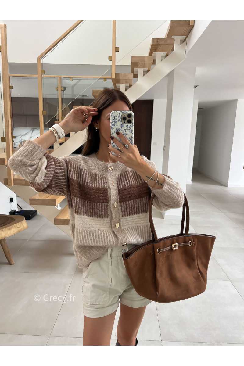 Gilet cardigan beige et marron laine rayures mode tendance automne grecy