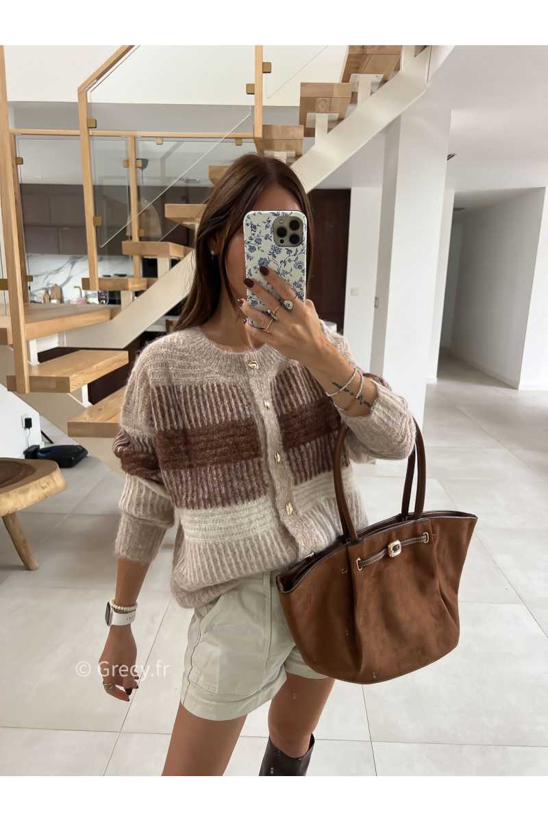 Gilet cardigan beige et marron laine rayures mode tendance automne grecy