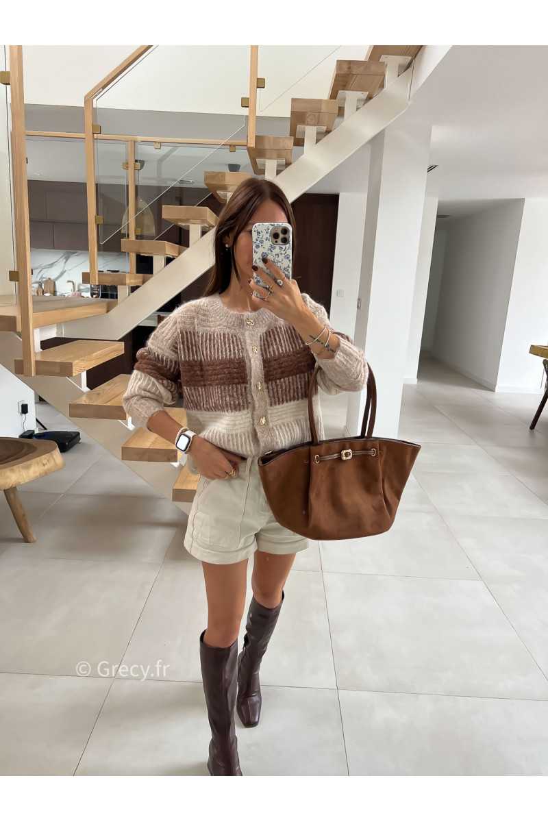 Gilet cardigan beige et marron laine rayures mode tendance automne grecy