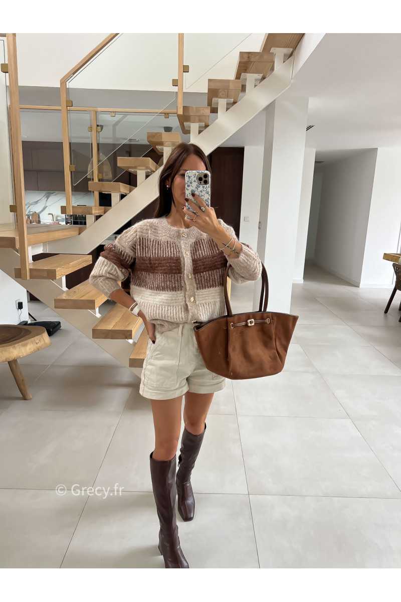 Gilet cardigan beige et marron laine rayures mode tendance automne grecy