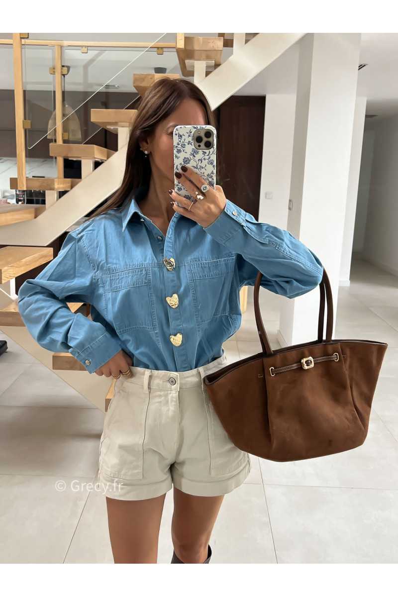Chemise en jean boutons coeurs mode tendance automne grecy