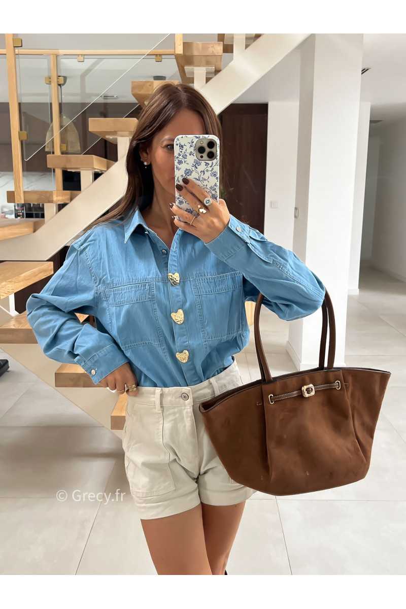 Chemise en jean boutons coeurs mode tendance automne grecy