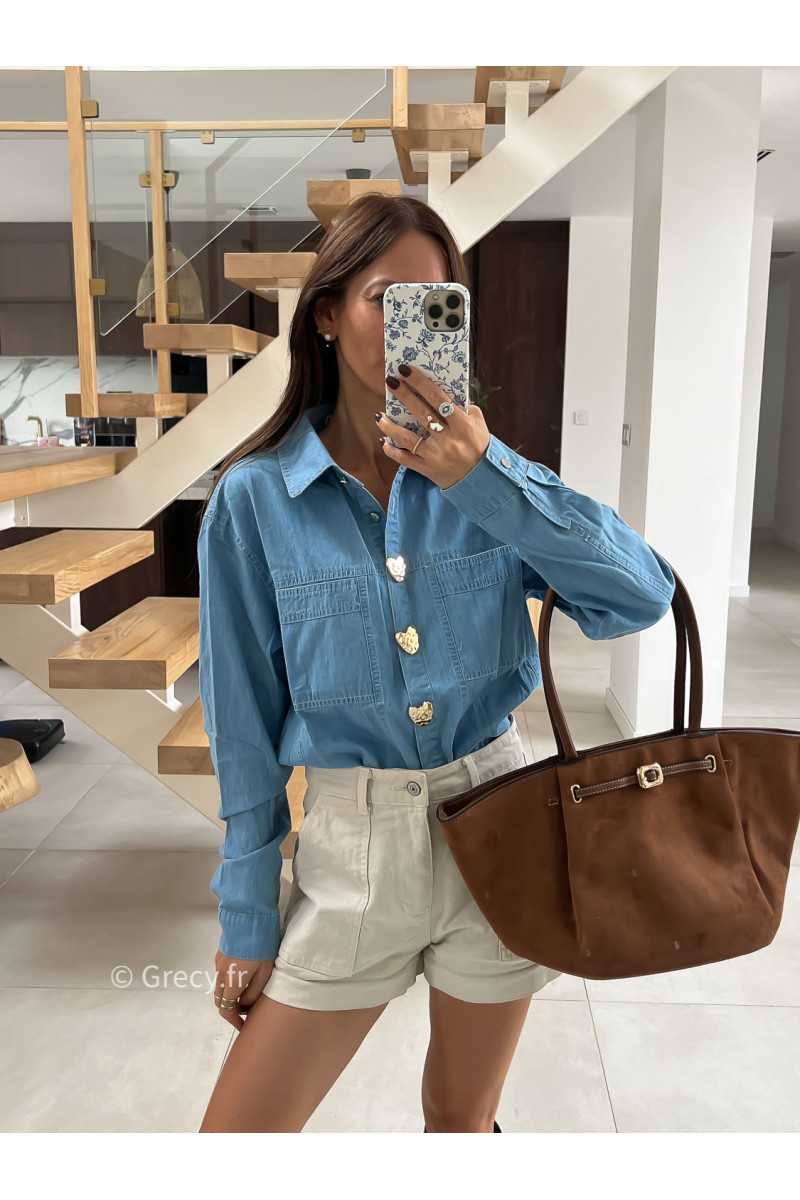 Chemise en jean boutons coeurs mode tendance automne grecy