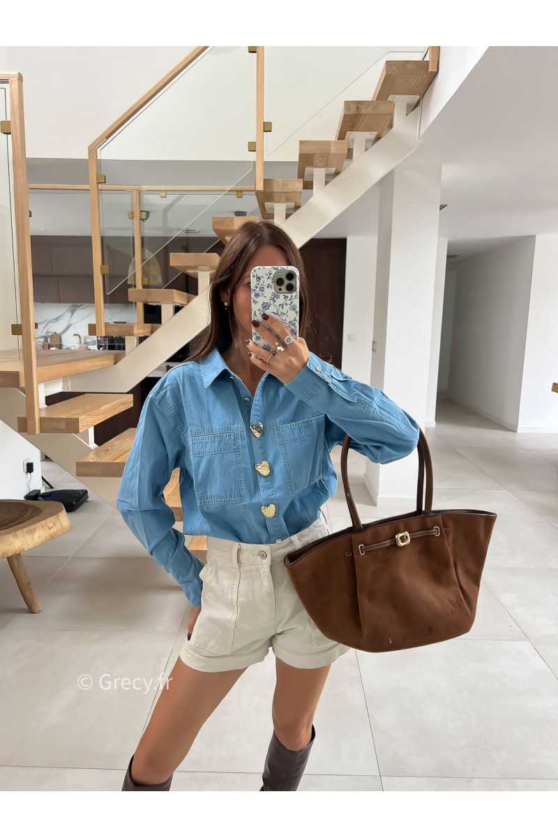 Chemise en jean boutons coeurs mode tendance automne grecy