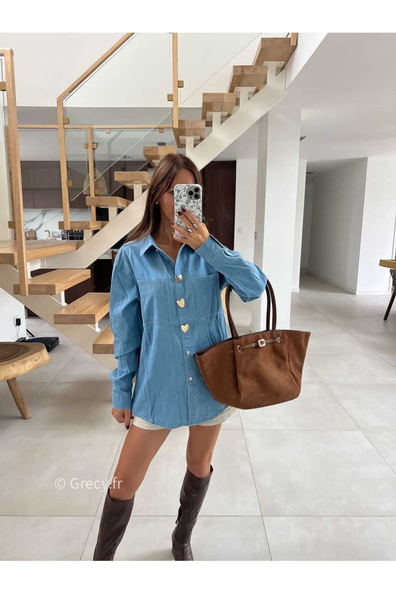Chemise en jean boutons coeurs mode tendance automne grecy
