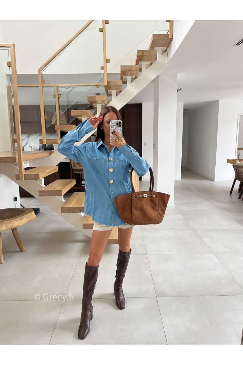 Chemise en jean boutons coeurs mode tendance automne grecy