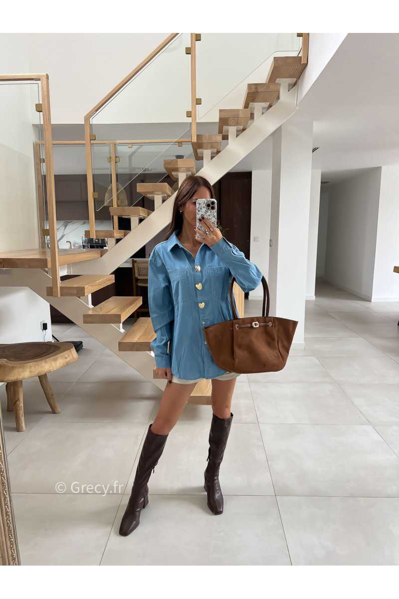 Chemise en jean boutons coeurs mode tendance automne grecy