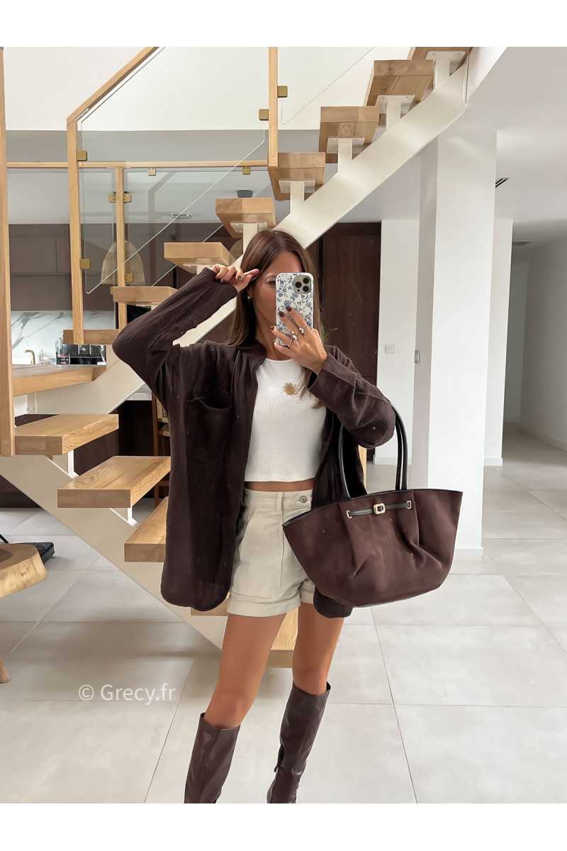 Gilet surchemise gaze de coton marron mode tendance automne grecy